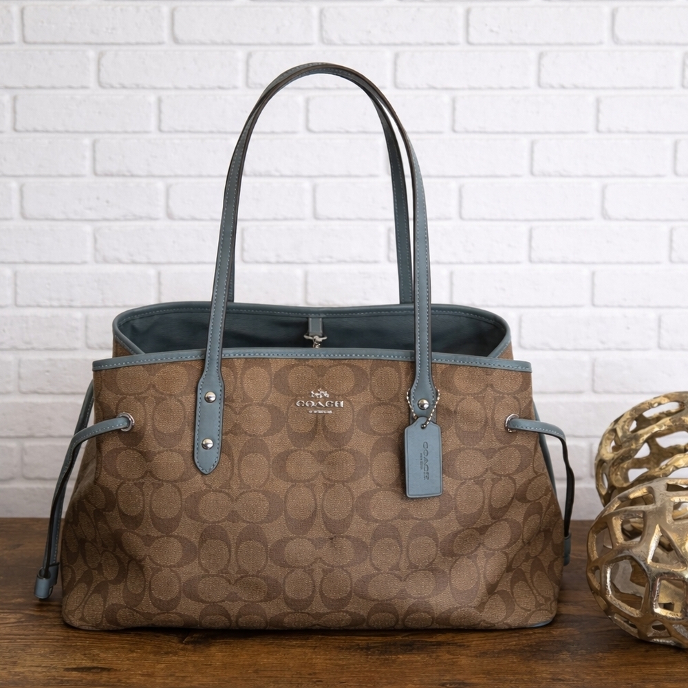 Signature Coach Drawstring Carryall Shoulder Bag F57842 Brown/Teal